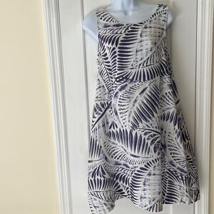 100% Linen Dress Women's Medium Sleeveless Pockets Print Blue White Beach Flare